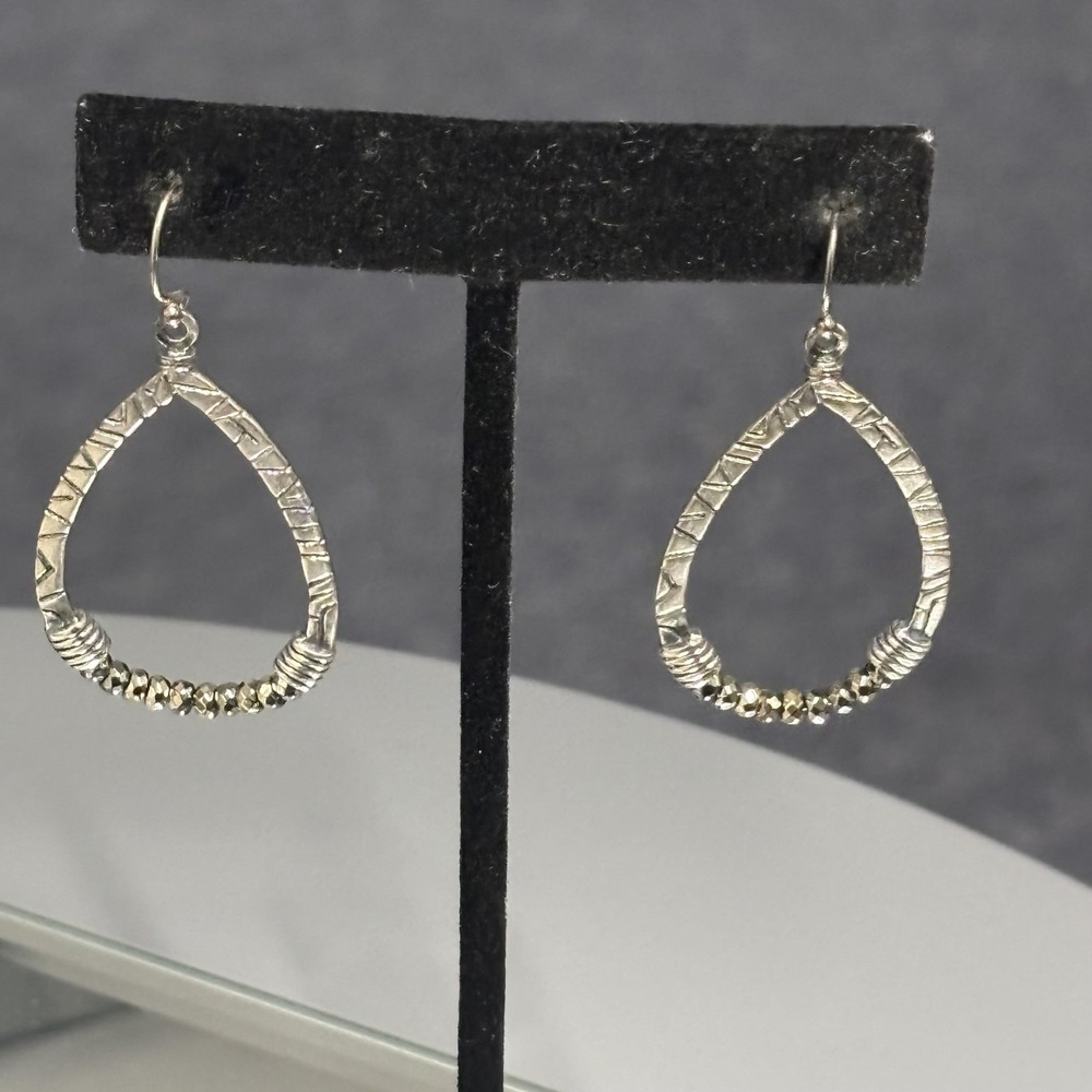 G&H 925 Sterling Silver Teardrop Dangle Earrings Hammered Oxidized‎ Beaded Hook
